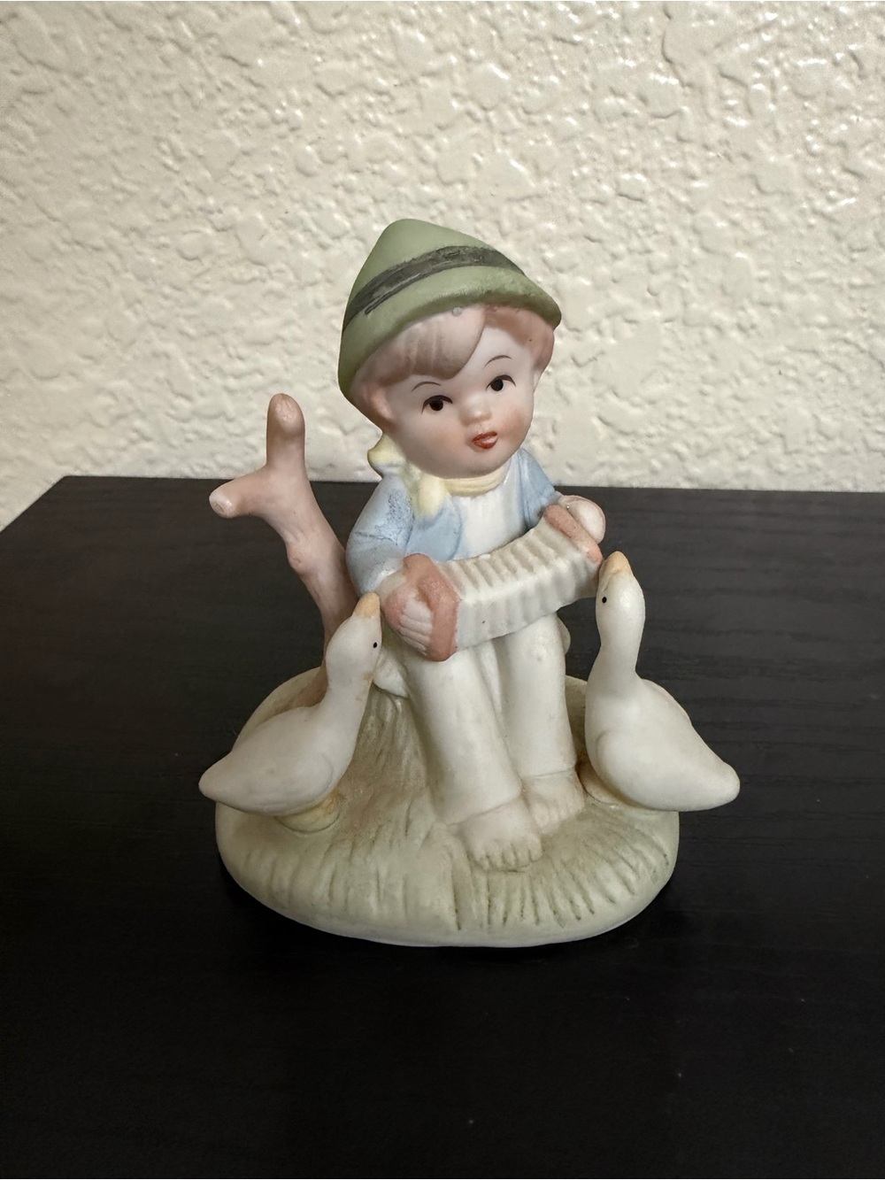Vintage Porcelain Boy Figurine with Geese - Pastel Green & Cream